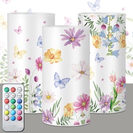ROCEEI 3 Pcs Wildflower Flameless LED Candles with Timer Battery Operated Flickering Real Wax Candles with Remote Floral Gifts Spring Decoration for Wedding Table Ornament Home Decor