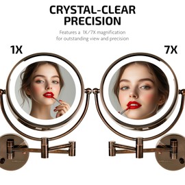 OVENTE Wall Mounted Lighted Makeup Vanity Mirror, 9" Hard Wired Double Sided 1X/7X Magnifying Bathroom Mirror, Dimmable LED Lights, 360° Rotation and 14" Extendable Arm, Antique Brass MPWD3185AB1X7X