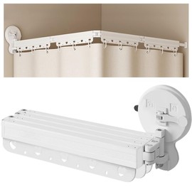 EHERDM Wall Mounted Folding Shower Curtain Rod Punch-Free Suction Cups 360°Collapsible Shower Curtain Rod for Bathroom Corner Bathtub Retractable Laundry Rack 4-Fold 54"