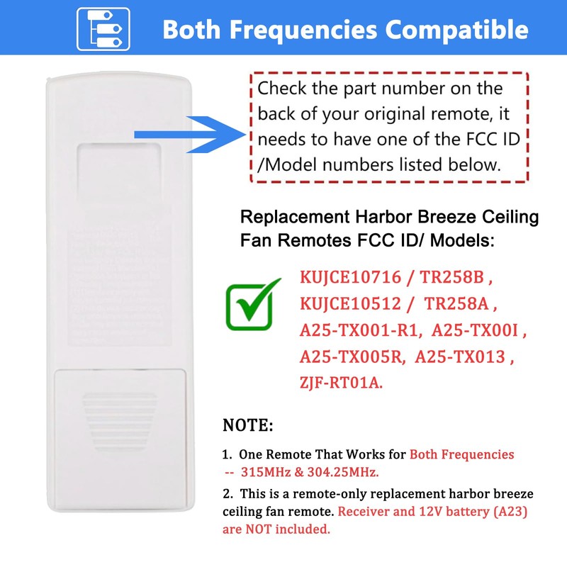 Replacement Remote for Harbor Breeze Ceiling Fan Remote Control, Compatible