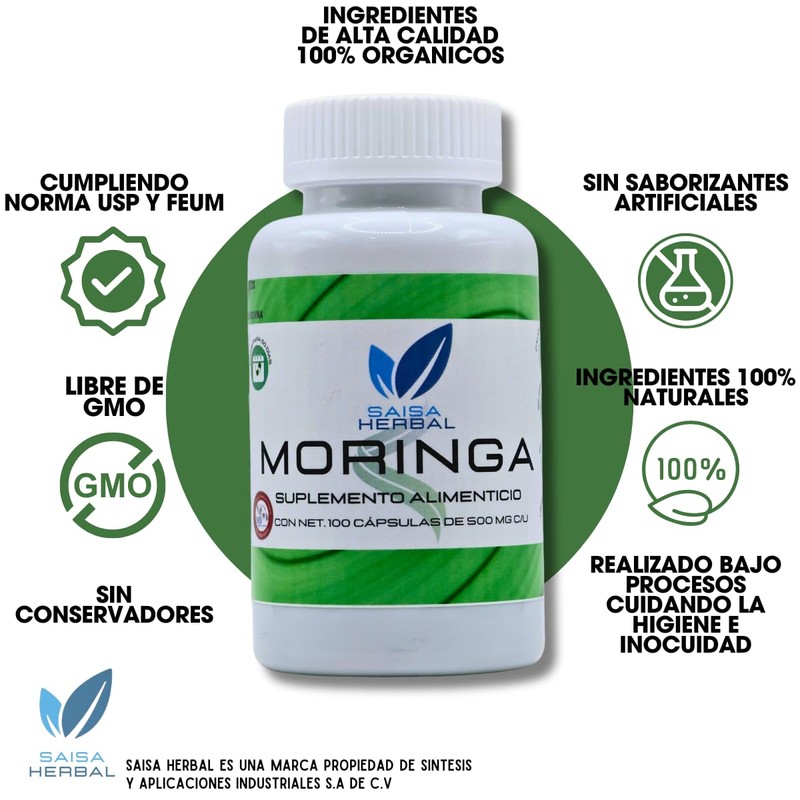 Moringa Orgánica 100% Pura bolsa con 100 cápsulas