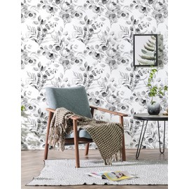 HAOKHOME Peel and Stick Wallpaper Boho Black/Grey/White Eucalyptus Leaf Floral Wall Mural Home Nursery Boho Contact Paper 17.7in x 78.7in