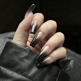MISUD Press on Nails Long Coffin Fake Nails Glossy Glue on Nails Goth Black Ombre Acrylic Nails Ballerina Artificial Nails Gothic Gradient Stick on False Nails with Design 24 pcs