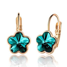 Austrian Crystal Flower Leverback Drop Earrings for Women 14K Rose Gold Plated Hypoallergenic Jewelry (Emerald)