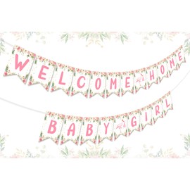 Jollyboom Welcome Home Baby Girl Decorations, Pink Floral Welcome Home Baby Girl Banner Garland for Welcome Newborn Girls Baby Shower Birthday Party Supplies