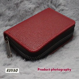 KUVAO RFID Blocking, Leather Credit Card Holder Zipper Wallet With 20 Card Slots, Small Card Case for Women or Men Accordion Wallet with Zipper (Dark red)