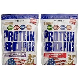 WEIDER Protein 80 Plus Eiweißpulver, 2 Pack Mixed, Erdbeer/Waldfrucht-Joghurt, Low-Carb, Mehrkomponenten Casein Whey Mix für Proteinshakes, 2x500g