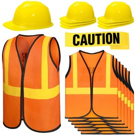 Hillban 13 Pcs Construction Birthday Party Supplies 6 Kids Construction Vests 6 Kids Hard Hat 1 Caution Tape Dressing up for Birthday Party Costume