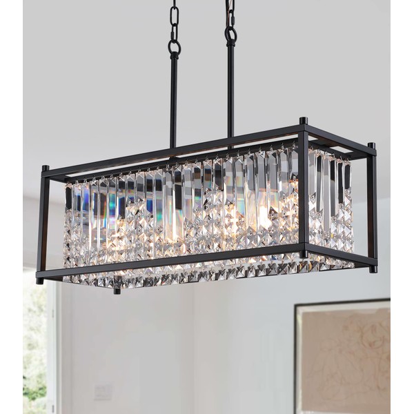 Q&S Modern Crystal Chandelier,Black Rectangle Chandeliers for Dining Room Rectangular 4 Lights for Kitchen Island Pool Table Bar UL Listed