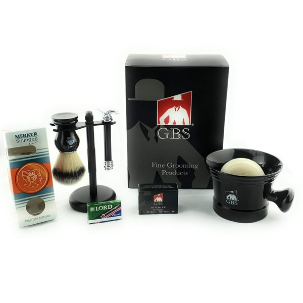 G.B.S Shaving w/Black Adjustable Double Edge Safety Razor Set includes Mug Synthetic Brush Stand Razor Toiletry Bag, Lavender Aftershave Balm and Soap Effortless Glide Premium Luxurious Travel