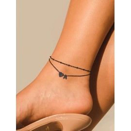 Suplight Stainless Steel Anklets Bracelets for Women Layered Dainty Foot Chain Initial Heart Anklet with Beaded Anklets for Women Beach Waterproof Letter D Black Ankle Bracelets (with Gift Box)