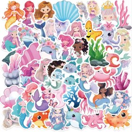 Dear Mia Little Liz | 50 Piezas Sirena Pegatinas Decorativas Calcomanías Kawaii Animal Vinil | Scrapbook Arte Manualidades Tarjetas DIY Obsequio Regalo Recuerdo Fiesta Día del Niño (50 Piezas, Sirena)