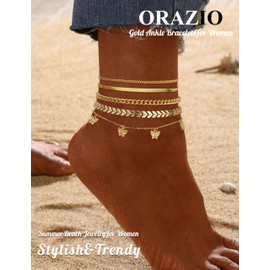 Gold Ankle Bracelets for Women, 14k Gold Plated Anklets for Women Waterproof Layered Cuban Figaro Paperclip Link Herringbone Chain Anklets Non Tarnish Summer Beach Jewelry Gift Adjustable Size S7