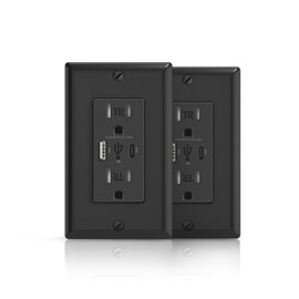 ALASTECH Black Wall Outlet with USB-A & USB-C Ports, 3.6A Dual High Speed Receptacle Outlet Support Fast Charging Capability, 15 Amp Tamper-Resistant Outlet, Wall Plate Included, UL Listed, 2 Pack