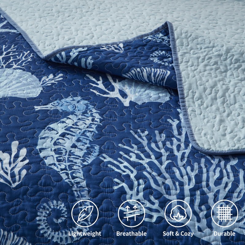 LEAONME Coastal Quilt Set King Size - Lightweight Microfiber Reversible