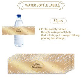 32pcs Gold Happy Anniversary Water Bottle Labels, Diamond Gold Glitter Wedding Engagement Party Stickers, Happy Birthday/Anniversary Water Bottle Lables for Men Women