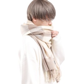 Loo&c Thick Large Lucy Stole, Men's, Large Size, Autumn, Winter, Large Stole, Scarf, Plaid Pattern, Plain, Shawl, Throw, Women's, Unisex, 10 cream beige