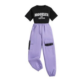 Ecolala Girls' 2 Piece Outfits Elastic Casual Short Sleeve Crop Tops and Cargo Pants Sets Purple 13-14Y