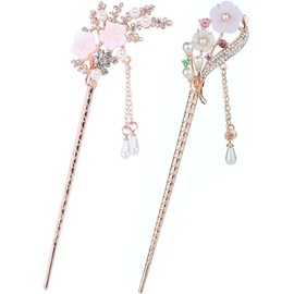 Hair Styling Accessories Rhinestone Pearl Hairs Stick Vintage Tassel Hair Pin Chignon Pin Chinese Hair Chopsticks Jewelry Accessories for Women, 2PCS Metal Chopsticks (Pink, One size)