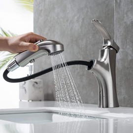MIAOHUI Brushed Nickel Pull Out Bathroom Faucet, Single Hole Bathroom Sink Faucet with 3 Modes Pull Down Sprayer, One Handle Modern Vanity Tap