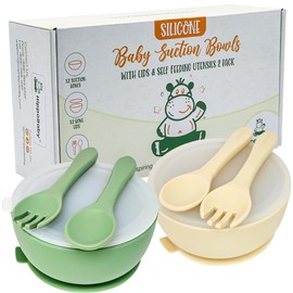 HippoBaby 6 Piece Baby Bowls With Suction and Lids | Toddler Bowl Set with 2 Bowls, 2 Baby Spoons, 2 baby Forks, Baby Feeding Essentials (Mint/Cream)