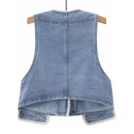 Plus Size Denim Cropped Vest Lightweight Summer Womens Utility Pearls Tops Sleeveless Jean Jacket Button Down Oversized Waistcoat Ladies Shacket (XL,Light Blue)