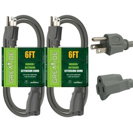 GREATIDE 6 FT Grey Outdoor Extension Cord with 3 Electrical Power Outlets - 16/3 SJTW Durable Green Cable with 3 Prong Grounded Plug, 2 Pack