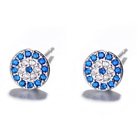 BG&WLing Blue Evil Eye Stud Earrings 925 Sterling Silver Round Earring Studs Hypoallergenic Chic Cubic Zirconia Studs Dainty Jewelry for Women Men (Silver)