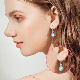 Flyow Sterling Silver Teardrop Drop Earrings Laboratory Turquoise Moonstone Earrings Dragonfly Filigree Earrings Hypoallergenic Moonstone Turquoise Jewellery Gifts for Women Girls, Sterling Silver,