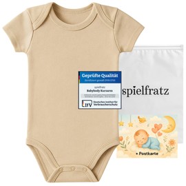 spielfratz Baby Bodysuit Short Sleeve 0-3/3-6 Months, Blue, Pink, Beige - 100% Cotton Wrap Bodysuit - Baby First Equipment for Girls and Boys + Postcard, beige, 0-3 months