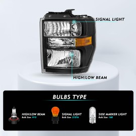 TUSDAR Headlight Assembly Set for 2008-2014 Ford E150 E250 2008-2021 E350 E450 Super Duty Black Housing Amber Reflector Aero Style Headlamp Replacement