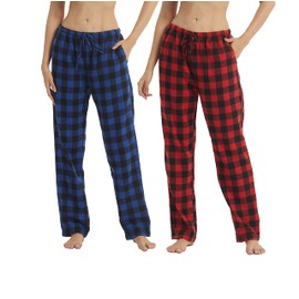 Women Flannel Pajama Pants with Pockets 2 Pack Plaid Fleece Pj Bottoms Drawstring Comfy Soft Lounge Pants Sleepwear
