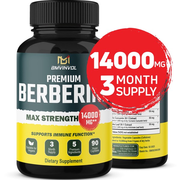5-in-1 Berberine 14000mg with Ceylon Cinnamon Milk Thistle Turmeric Artichoke - 30:1 Concentrated Formula Berberine - 3 Month Supply For High Potency - Immune Heart Support