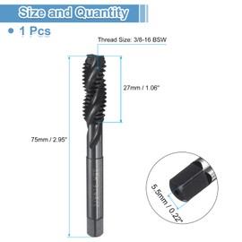 sourcing map Spiral Flute Thread Taps 3/8-16 BSW H2 Machine Threading Tap Bit, Nitrided Coated Screw Tapping Repair Tool, M2 High-Speed Steel (HSS6542)