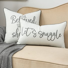 Sunkifover Decorative Lumbar Pillow Covers 12x20 Inches, Soft Solid Rectangular Embroidered Rectangle Pillow Case with Let's Snuggle Saying for Bed, Bedroom (Color Grey)