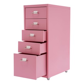 28 Inch Metal File Storage Cabinet,5 Drawers Freestanding Office File Cabinet Drawer Organizer with Wheels, Mobile Vertical Storage Cabinet for Bedroom Living Room Office Study (Pink)