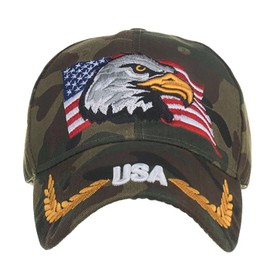 Camo American Flag Bald Eagle Patriotic Veteran Hat - Low Profile USA 3D Embroidery Adjustable Baseball Snapback Cap for Men