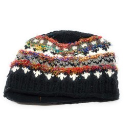 Hand Knit Wool & Recycled Silk Beanie Hat & Fingerless Gloves Set Fleece Lined Made in Nepal (Black)