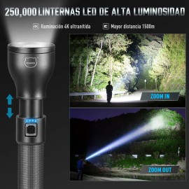 Linternas Potentes Led Recargables De Alta Luminosidad, 250000 Lm Lampara Super Brillante Linternas De Potencia Con 3 Modos De Iluminación,linterna De Mano Con Martillo De Seguridad Para Caza,negro