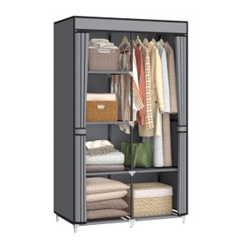 MOGELAFOO 35 Inch Portable Wardrobe Closet for Small Room, Clothing Organizer Storage Rack with Non-Woven Fabric Cover, 1 Clothes Hanging Rod, 6 Storage Shelves, Grey