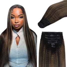 IDN BEAUTY Clip In Hair Extensions Real Human Hair, 24 Inch 120g 7pcs, 1B/6/1B Balayage Natural Black to Chestnut Brown Kinky Straight Clip Ins Remy Hair Clip Ins Real Human Hair Black Women