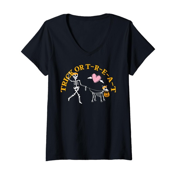 Womens Trick or t-r-e-a-t Skeleton With Dog Funny Halloween V-Neck