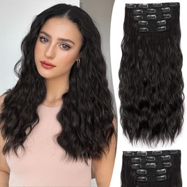ALXNAN Clip in Hair Extensions, 16" Natural Black Thick Long Mermaid Waves Hair Extensions Invisible Lace Weft Soft Hairpieces For Women