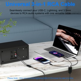 CKCN RCA to Light-ning Cable 5FT, 3 in 1 RCA to 3.5mm Audio Cable RCA to USB C Cable AUX to 2 RCA Male Cables Adapter for i Phone, i Pad, HDTV, Home Theater, Speaker, Power Amplifier, Car, Black
