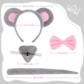 LXONTSG Mouse Cosplay Set, 5 Pieces Cosplay Mouse Accessories, Fancy Dress Mouse Accessories, Carnival Mouse Cosplay Outfit, Fancy Dress Mouse Children, with Headband Skirt Tail Nose Bow Tie