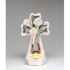 Fine Ceramic Inspirational Calla Lily Cross Tea Light Candle Holder, 8" H