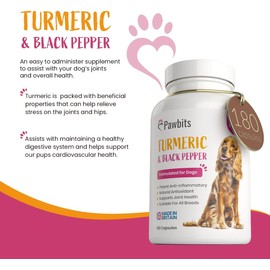 180 Turmeric for Dogs with Active Bioperine Black Pepper | Natural Premium Turmeric Curcumin Capsules suitable for Cats, Horses & Pets Powerful Antioxidant Supplement for Hip & Joints