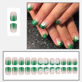 LBPEPAMZ 24Pcs St. Patrick's Day Press on Nails Short Square Fake Nails with White Shamrock Designs Green Glitter Gradient French Tips False Nails Full Cover Artificial Glue on Nails for Women Girls