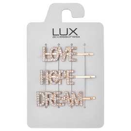 LUX ACCESSORIES Love Hope Dream Word Crystal Gold Set of 3 Hair Pins
