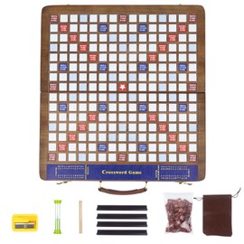 Wooden Folding Crossword Board Game – Word Game Set with 100 Letter Tiles, Sand Timer, Pencil, Racks & Bag – Portable Wooden Game for Adults & Family